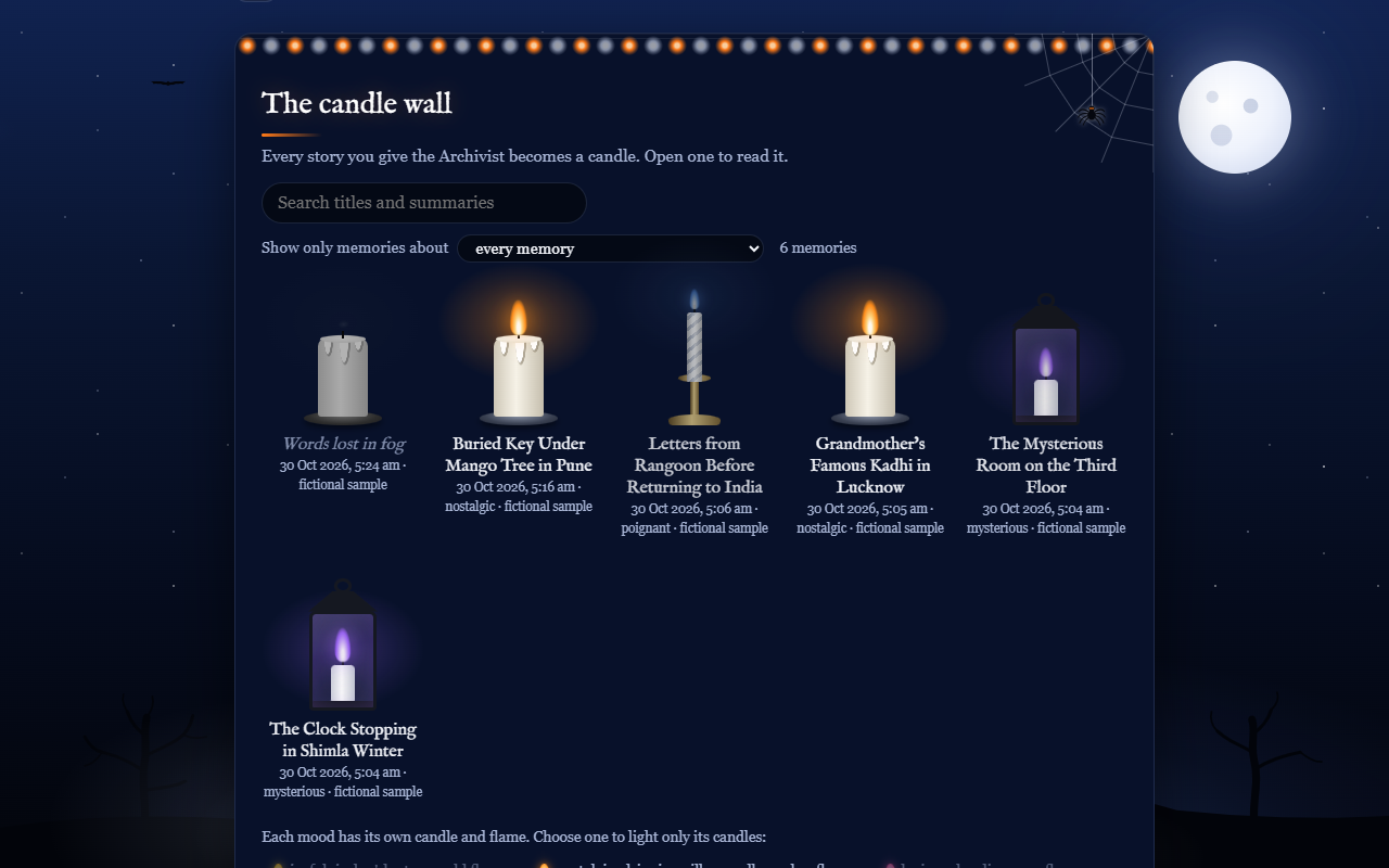 The candle wall: each story is a candle whose shape and flame colour show its mood; one unopened story burns low