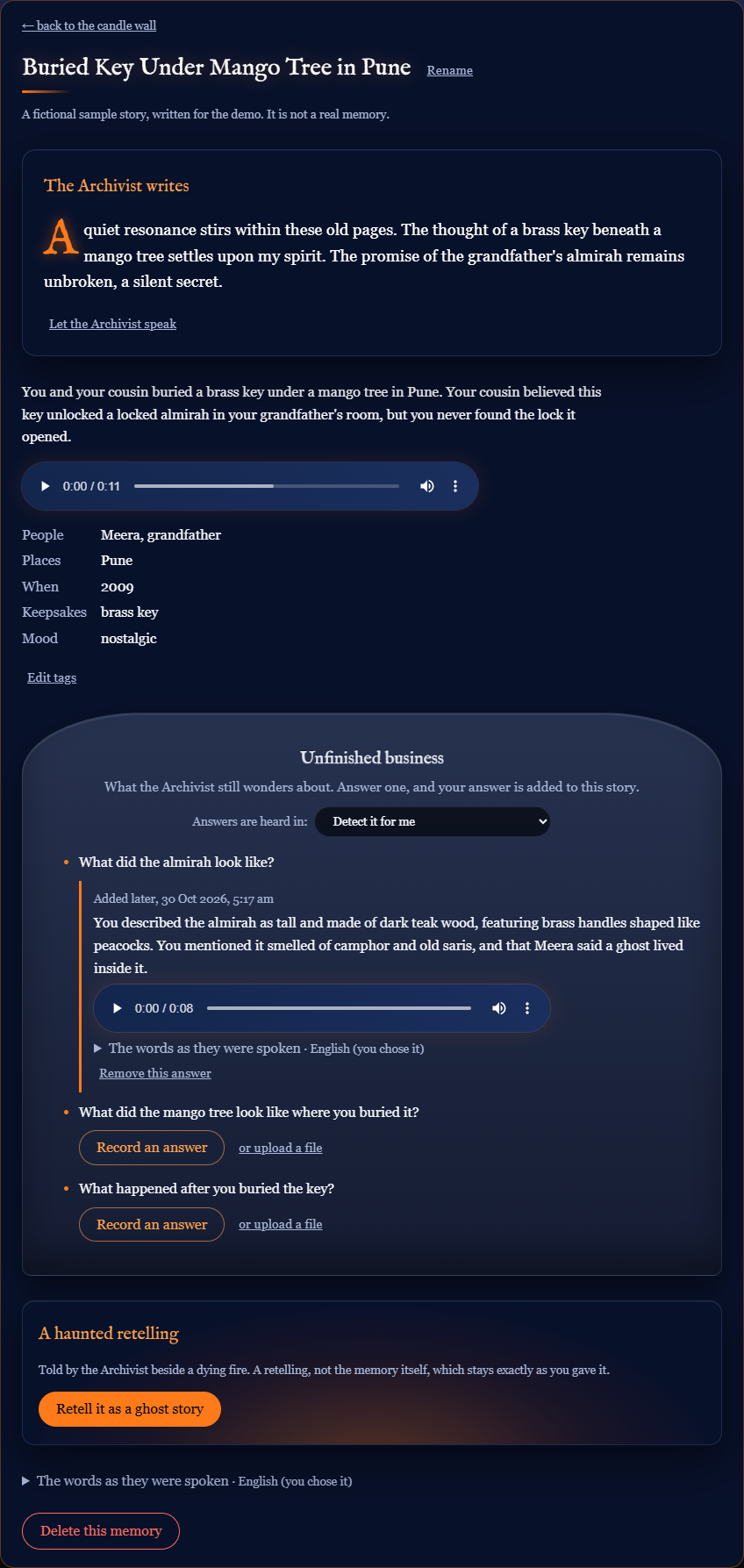 A story page with the Archivist's note, tags, and an answer added later under its question